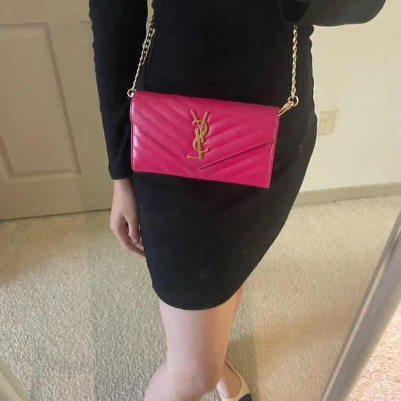 ❌SOLD❌AUTHENTIC YSL Saint Laurent Leather Wallet on Chain WOC Hot Pink Crossbody - Picture 3 of 9